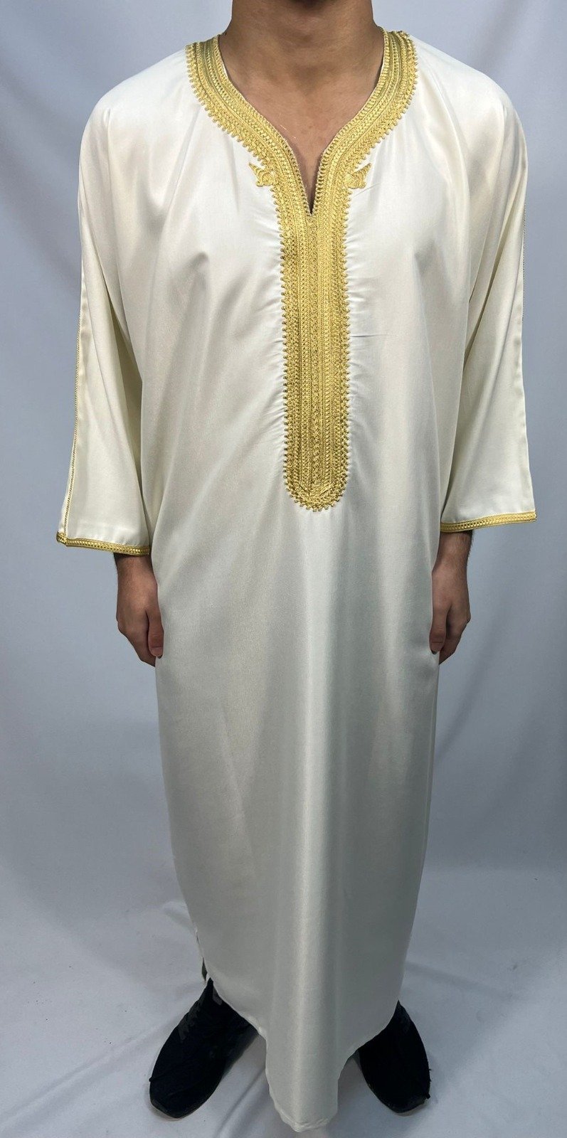 White Moroccan Thobe with Gold Embroidery